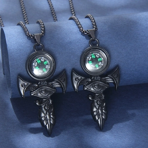 Gothic Pharaoh Eye of Horus Stainless Steel Alloy Compass Pendant Necklace Vintage Black Cross Arrow Amulet Jewelry For Men Women
