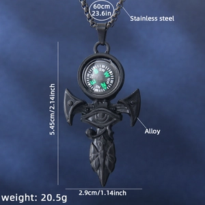 Compass arrow cross necklace with Horus eye pendant in black stainless steel for men