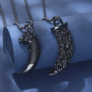 Punk Stainless Steel Wolf Tooth Dragon Head Pendant Necklace For Men Black Alloy Rhinestone Gothic Box Chain Jewelry