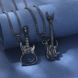 Gothic Rock Skull Guitar Pendant Necklace For Men Women Stainless Steel Alloy Matte Black Punk Hip Hop Jewelry Gift