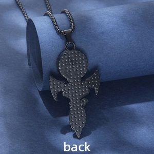 Black stainless steel Horus Eye pendant necklace showing the textured back and bead chain
