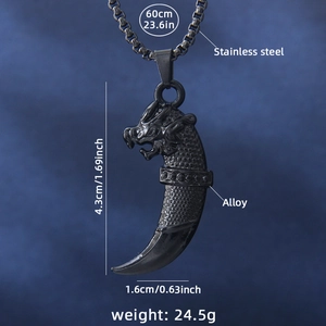 Punk black wolf tooth necklace with dragon head and crystal inlay for men