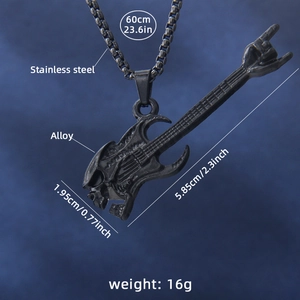 Gothic skull guitar pendant necklace in stainless steel with measurement details
