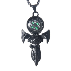 Matte black stainless steel Eye of Horus necklace featuring a functional compass and arrow pendant