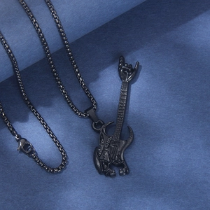 Gothic black stainless steel electric guitar necklace with rock hand gesture pendant