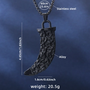 Punk style matte black wolf fang necklace with relief pattern on stainless steel chain