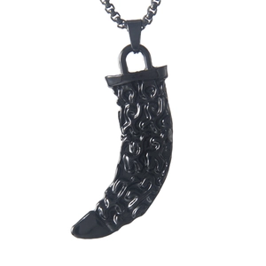 Men's punk black wolf tooth pendant necklace with floral engravings and box chain