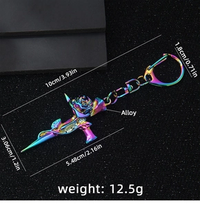 Detail view of rainbow alloy cross and rose keychain with dimensions and lobster clasp