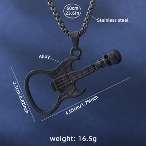 Gothic black skull guitar necklace in matte alloy with stainless steel chain for men