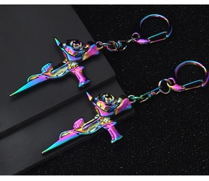 Macro detail of iridescent colorful metal rose sword keychain with rainbow electroplating