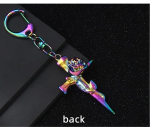 Rainbow plated rose cross keychain showing the polished back detail and D-ring clasp