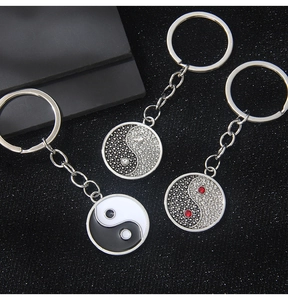 Detailed comparison of Yin Yang Tai Chi keychains with silver plating and crystal rhinestones