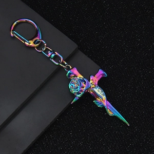 Iridescent metal rose and cross keychain with gothic punk aesthetic for bag decor