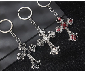 Gothic cross keychains with colorful rhinestones in vintage silver alloy finish