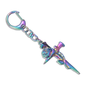 Rainbow metal keychain featuring a rose cross design with an iridescent finish