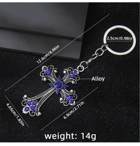 Detailed macro view of vintage cross keychain with blue rhinestones and silver alloy floral patterns