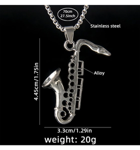 Detailed size specifications for saxophone pendant necklace on black background
