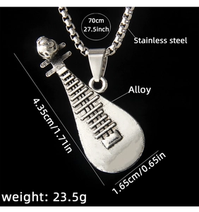 Détails du pendentif luth avec dimensions et spécifications de la chaîne en acier