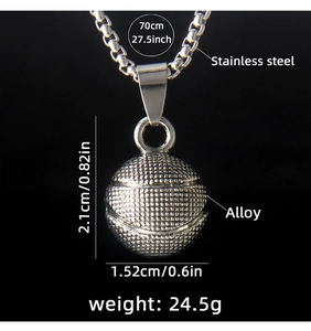 Detailed view of silver 3D basketball pendant with stainless steel chain and dimensions
