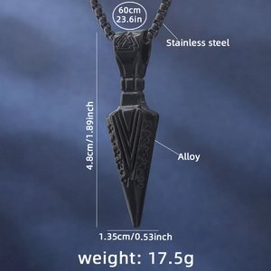 Men's black stainless steel Viking triangle arrowhead necklace with runic engravings