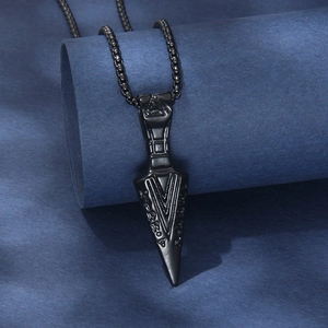 Men's black stainless steel Viking arrowhead necklace with Nordic rune engravings