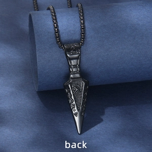 Men's black stainless steel Viking Valknut arrow pendant necklace with runic details