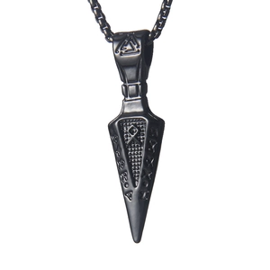 Nordic Viking black stainless steel arrowhead necklace with engraved runes and Valknut symbol