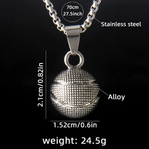 3D basketball pendant necklace in silver alloy with 70cm stainless steel chain for men