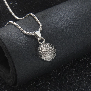 3D basketball pendant necklace with box chain in silver-tone stainless steel finish