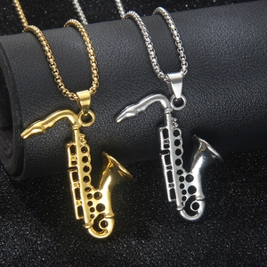 Vintage 3D Saxophone Pendant Necklace Stainless Steel Alloy Musical Instrument Personality Rock Jewelry For Men Women