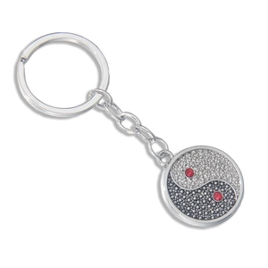 Yin Yang Tai Chi keychain with black and white rhinestones and red stones on silver alloy