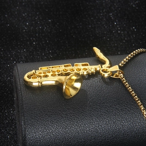 Vintage golden saxophone pendant necklace with box chain for men, musical instrument jewelry