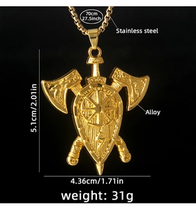 Détails du pendentif bouclier et haches vikings avec dimensions et poids précis
