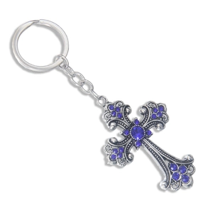 Retro hollow flower cross keychain with purple rhinestones on silver alloy base
