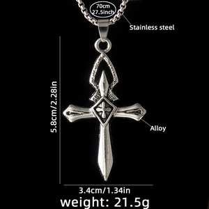 Pendentif croix gothique vintage en alliage avec longue chaîne en acier inoxydable