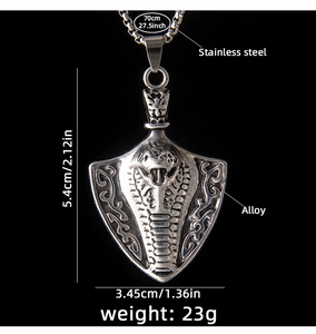 Detail showing dimensions of cobra shield pendant with 70cm stainless steel chain