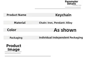 Detail view of keychain specifications showing alloy pendant and iron chain materials