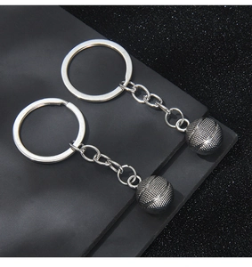 Close-up of silver-tone basketball keychains with textured 3D spherical charms