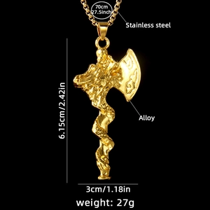 Collana con ciondolo ascia di drago dorata in acciaio inossidabile e misure dettagliate