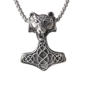Collier pendentif Marteau de Thor Mjölnir viking avec tête de loup et nœud celtique en acier