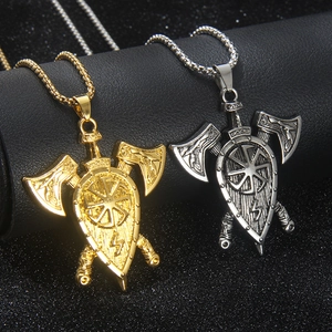 Collier Pendentif Bouclier à Double Hache Viking Slave Kolovrat pour Hommes Acier Inoxydable Alliage Hip Hop Bijoux Vintage