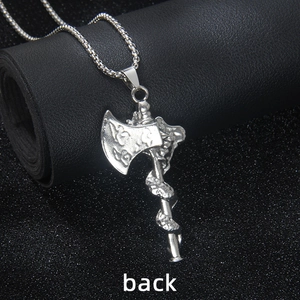 Collana con ciondolo a doppia ascia in acciaio inossidabile retrò con drago inciso
