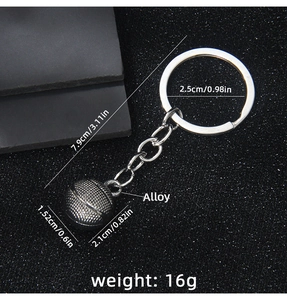 Macro shot of a silver alloy basketball keychain showing realistic texture and size data