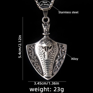 Men's hip-hop shield cobra pendant necklace in stainless steel with 70cm long chain