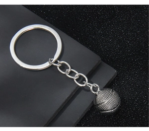 Detail of silver metal basketball keychain with textured sphere and sturdy ring