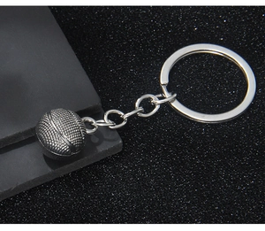 Detailed close-up of a 3D metallic basketball keychain with textured grain and ring