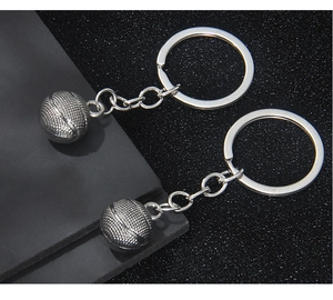 Detailed macro view of two polished silver basketball keychains with textured surface