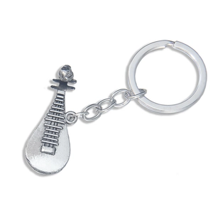 Silver metal lute instrument keychain with round ring and musical note bottle opener