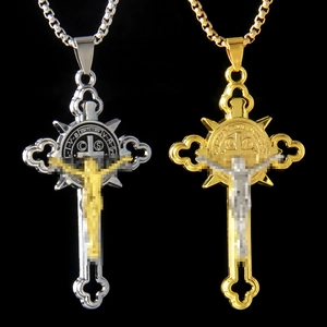 Collana Vintage con Ciondolo a Croce in Acciaio Inossidabile Lega Medaglia San Benedetto Gioielli Religiosi Gotici Uomo Donna Hip Hop