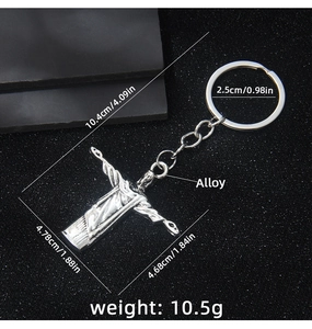 Detailed view of silver Jesus Christ keychain showing dimensions, weight and alloy material